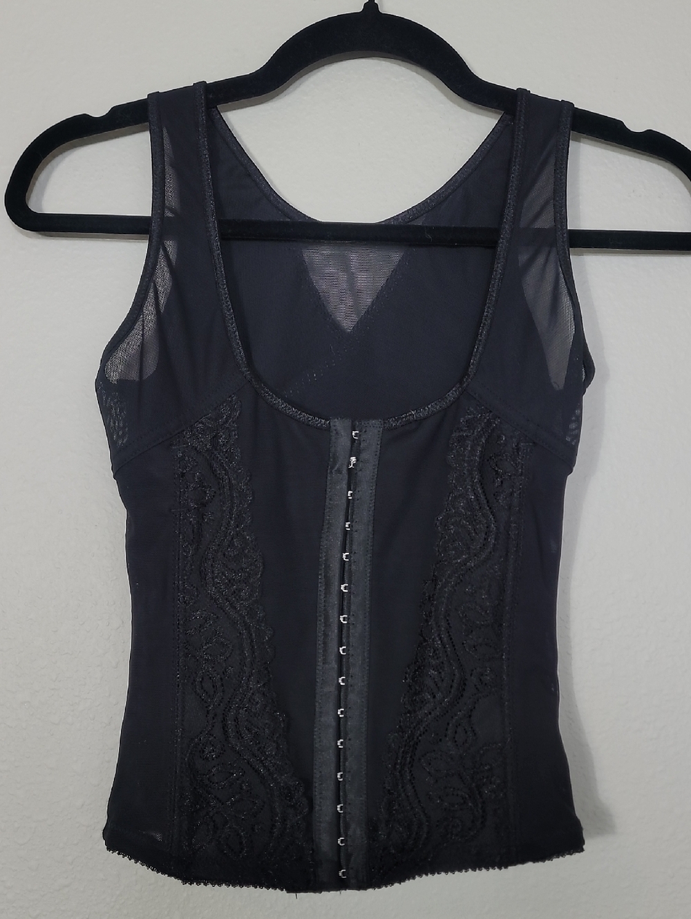 Diana Secret Hook & Eye Corset Shapewear Tank Top Size Medium Black Lace Mesh